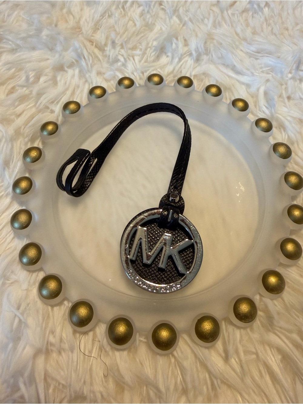Michael Kors Hang Tag Silver Tone Metal Black Leather MK Logo